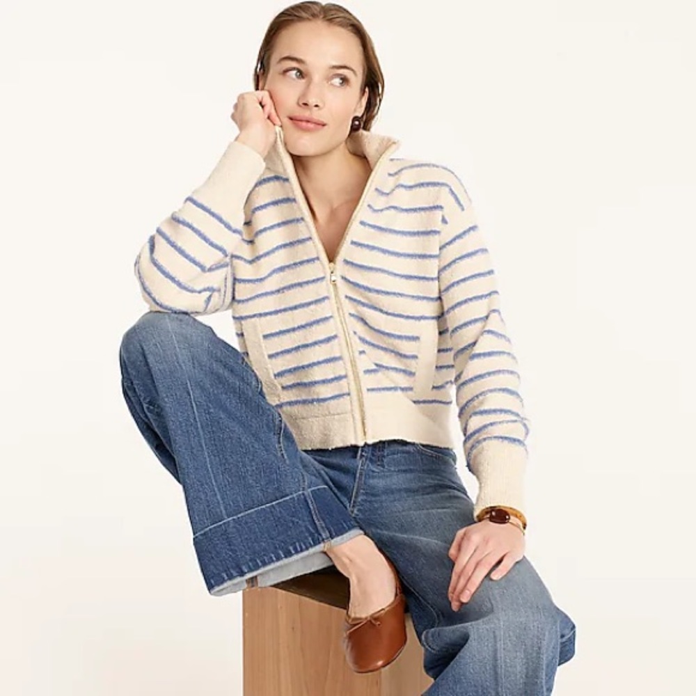 J. Crew Zip-up Cotton Bouclé Sweater in Dusty Ivory Blue Stripe
